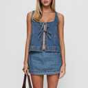 Womens Tie Front Sleeveless Denim Vest and Mini Jean Skirt Two Piece Sets Summer Trendy Going Out Outfits (Blue, XL)