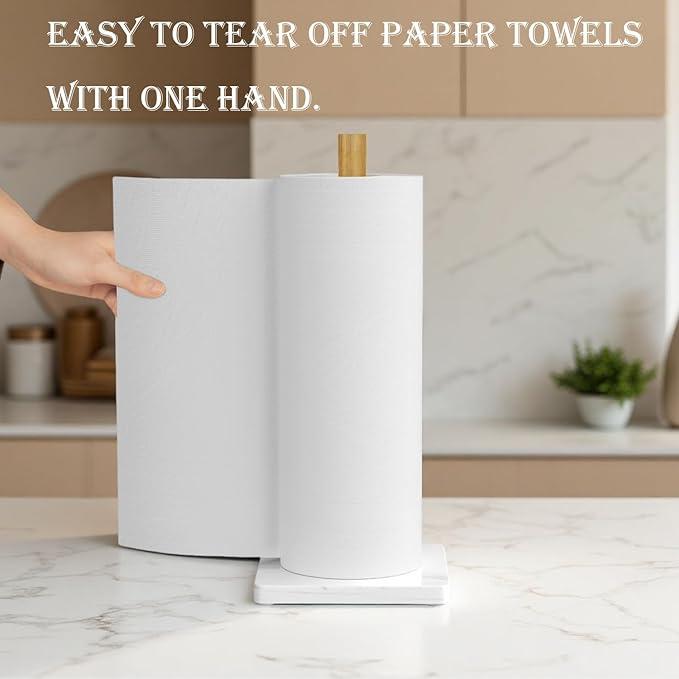 Paper Towel Holder, Marble Base Modern Decorative Countertop Standing Rolls Holder for Kitchen, Toilet, Pantry and Bathroom (Square Marble Base White)