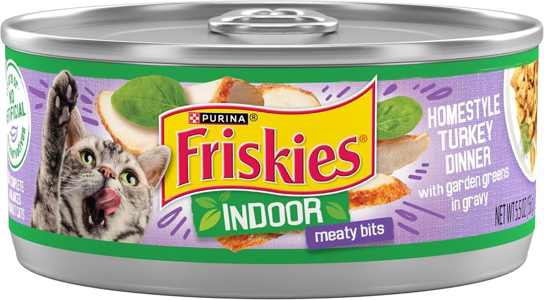 2 x Purina Friskies Indoor Cat Food Meaty Bits Homestyle Turkey Dinner With Garden Greens in Gravy - (Pack of 24) 5.5 oz. Cans BBD: 03-2028