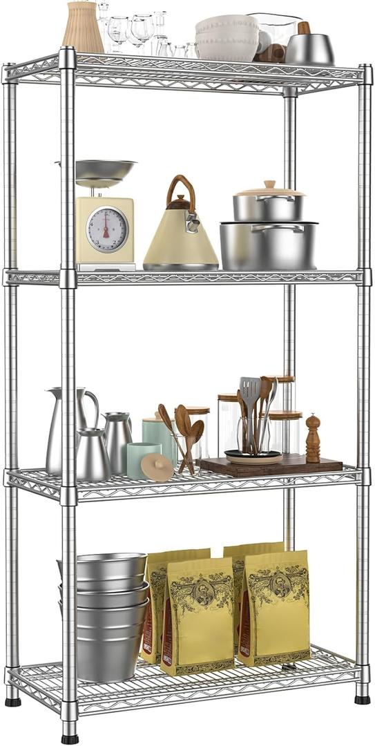 Metal Shelving Unit 4 Tier Storage Shelves Rack Metal Shelf Adjustable Wire Shelving Units Storage Shelving Heavy-Duty 2200 LBS rganizer for Pantry Garage Laundry Bathroom Kitchen Closet Utility Room (Silver)
