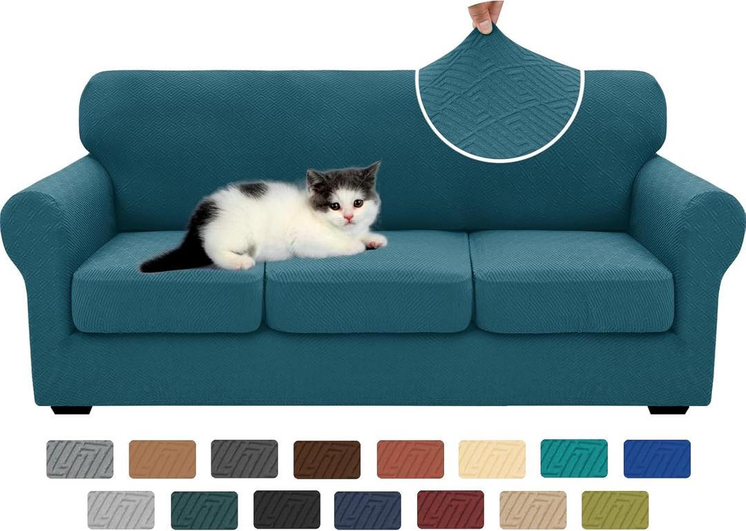 XINEAGE New 4 Pieces Couch Covers for 3 Cushion Couch Super Stretch Thick Soft Sofa Cover Anti Slip Sofa Slipcover Dogs Cats Furniture Protector (Peacock Blue, 71"-91")