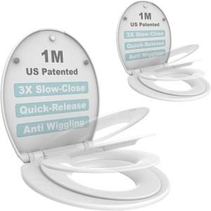1M Family Toilet Seat, Patented Slow Close & Quick Releasing Technology, Anti-Wiggling, Easy to Install and Clean, Standard Round with Toddler Seat Built In (2 Pieces)
