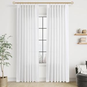 White Linen Curtains 84 Inches Long for Living Room Pinch Pleat with Hooks for Track System Back Tab Cotton Textured Drape Light Filtering Semi Sheer Off White Bedroom Window Curtain 84 Inch Length