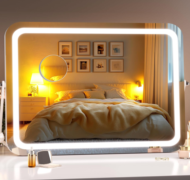 Hasipu Vanity Mirror with Lights, 18" x 14" LED Makeup Mirror, 3 Modes Light, Smart Touch Control Dimmable, 360Rotation, Rectangle White Frame, with 5X Magnifying Glass