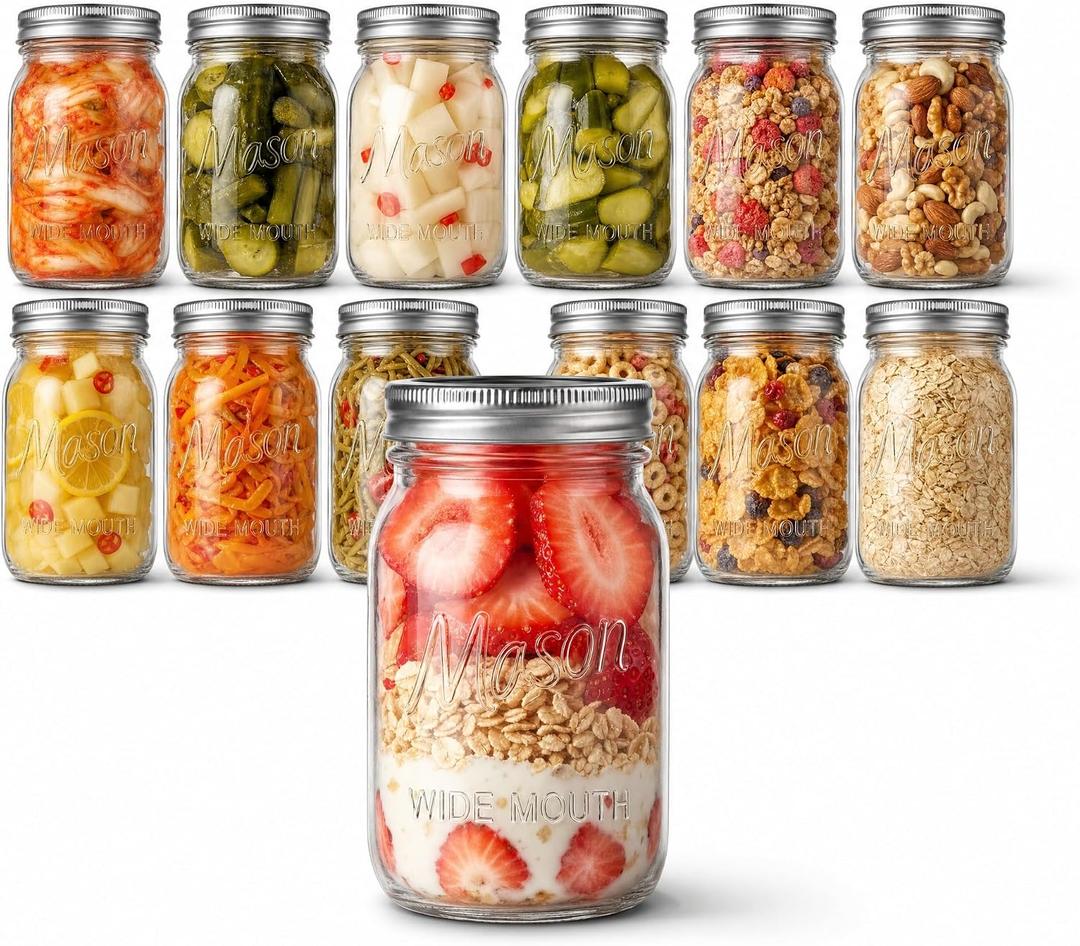 12 Pack 32 OZ Wide Mouth Glass Mason Jars with Airtight Lids, Reusable Food Storage Containers for Canning, Pickling, and Fermenting,Microwave & Dishwasher Safe