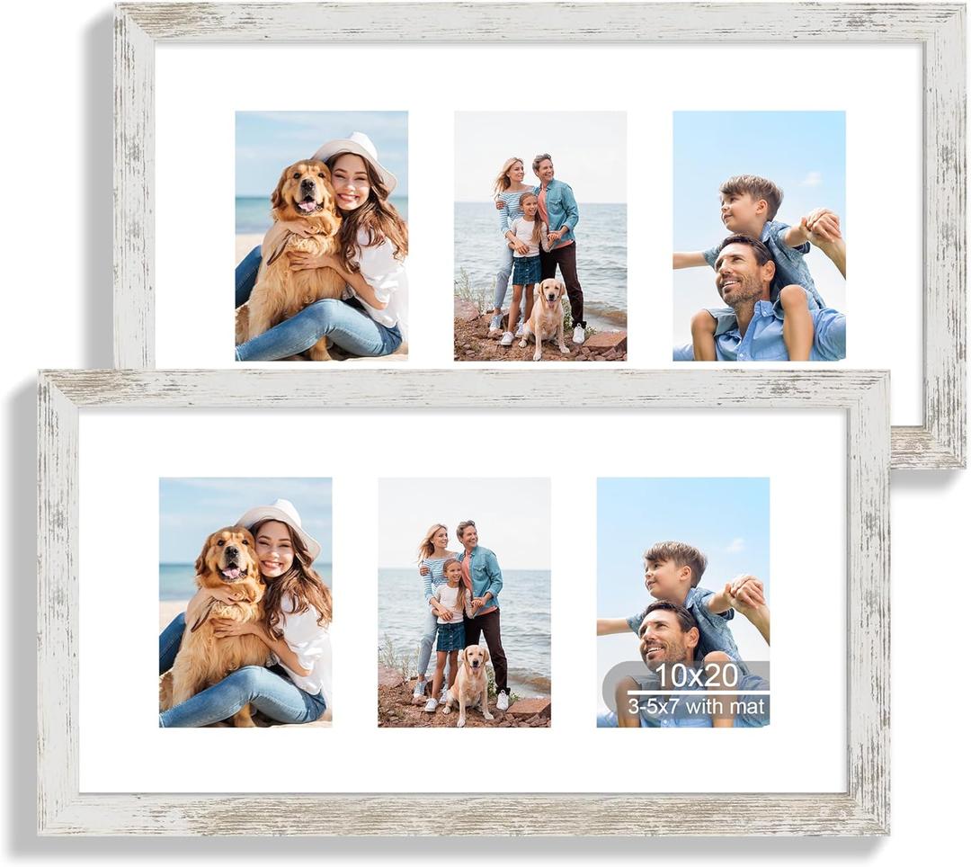 10x20 Picture Frame Set of 2, Distressed White Wood Frame with Real Glass Collage Frame, Display Pictures Three 5x7 With Mat or 10 x 20 Without Mat - Horizontal or Vertical Wall Mounting