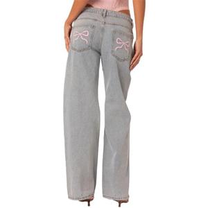 Indie Aesthetics Jeans for Women Gothic Punk Wide Leg Long Length Denim Pants Y2k Loose Casual Jeans Streetwear (Medium, Blue & Pink Bow)