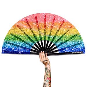 Raveahem UV Glow Rave Fan, Bamboo Folding Clack Hand Fan for Men Women (Glitter Rainbow, Large 13")