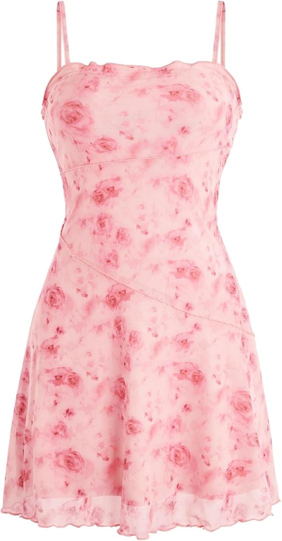 Verdusa Women's Mini Dress Floral Spaghetti Strap Mesh Dresses Going Out Festival Concert Outfits Grunge Gothic Clothes (Pink) 
Small