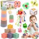 Baby Toys 6-12 Months, 6 in 1 Montessori Toys for Toddlers 1-3, Infant Sensory Pull String Toy, Fidget Spinners Soft Baby Blocks Stacking Cups, Baby Gifts for 1 Year Old