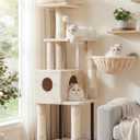 Heybly Cat Tree, 49.2 Inches Cat Tower for Indoor Cats, Spacious Cat House Condo with Hidden SpaceSturdy Steel TubeSoft Plush Top PerchCozy Hammock and Sisal Scratching Posts, Beige HCT200SM
