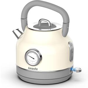Amaste Electric Kettle, Retro Electric Tea Kettle With Thermometer, 57 Oz Hot Water Kettle For Coffee & Tea, 304 Stainless Steel, 1500w Fast Boiling, Auto Shut-Off & Boil Dry Protection, Cream White