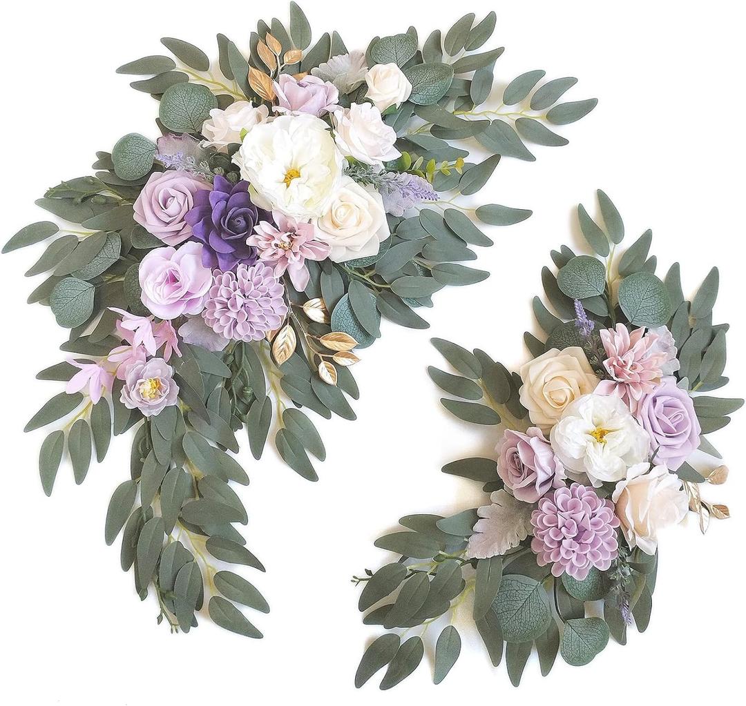 Faux Flower Swag Set of 2 for Wedding Welcome Signs Floral Swag Wedding Reception Ceremony Signs Decor (Purple)