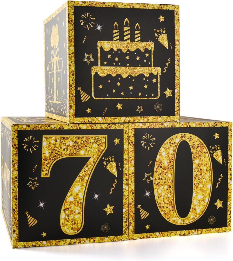 3Pcs 70th Birthday Party Decorations Boxes for Men or Boy- Black Gold Happy 70th Birthday Balloons Boxes,Sixteen Year Old Party Supplies for Men Boy