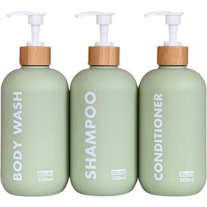 OLLIES Shampoo and Conditioner Dispenser, Shower Soap Dispenser for Bathroom-Set of 3 with Permanent Stylish Label-17oz, 500ml Refillable Shampoo and Conditioner Bottles Green