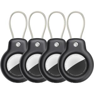 SPGUARD for AirTag Holder Case with Keychain, Air Tags-4 Pack for Apple Air Tag Holder with Wire Cable Lock Key Ring Chain Air Tagholder Accessories for GPS Item Tracker Kids,Keys,Luggage (Black/Black/Black/Black)