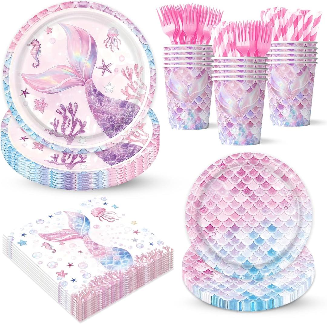 Mermaid Themed Party Decorations Supplies Little Pink Mermaid Party Tableware Set Include Plates, Cups, Napkins,Cutlery and Straw for Baby Shower, Birthday Party Decorations Serves 24