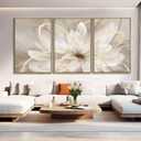 SOUGUAN Living Room Decor White Flower Artwork Gold Canvas Wall Art Abstract Line Painting for Bedroom Kitchen Dining Room Home Wall Decor 26"x40"x 3 Pieces 