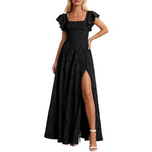 KIRUNDO Cocktail Dresses for Women Elegant Wedding Guest Summer Formal Maxi Lace Floral Slit Prom Party Bridesmaid Dress (Black, X-Large)