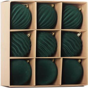 Senjie 9 PCS Velvet Ornaments for Christmas Tree 4inch Flocked Christmas Balls Assortment for Xmas Tree Holiday Decor Deep Green