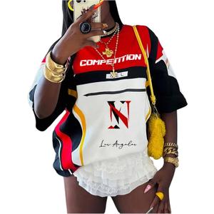 RoseSeek Jersey Shirts for Women Graphic Color Block Racing T Shirt Short Sleeve Crewneck Football Jerseys T-Shirt (XL)
