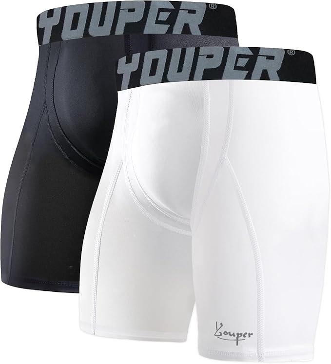 Youper 2-Pack Adult Compression Shorts w/Cup Pocket, Men's Athletic Supporter for Baseball & Football M