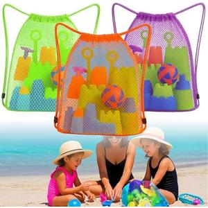 Palksky Beach Toys Bag, 3Pack Mesh Drawstring Sand Toy Bags, Backpack Shell Bags for Beach, Sandbox Toy Bag with Toddler Must Haves, Beach Vacation Essentials for Kids, Toy Not Included 3 pack