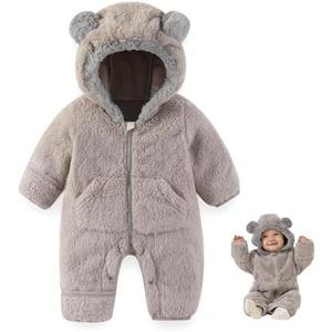 AiWMGL Newborn Baby Bear Outfit Suit With Fold-Over Mittens Footies Girls Boys Winter Fleece Clothes Hooded Romper Snowsuit 0-3 Months