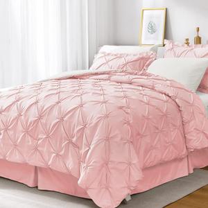 JOLLYVOGUE Queen Comforter Set 7 Pieces, Pink/Ivory Bed in a Bag Comforter Set for Bedroom, Bedding Comforter Sets with Comforter, Sheets,Ruffled Shams & Pillowcases (Queen(88"x 88"))