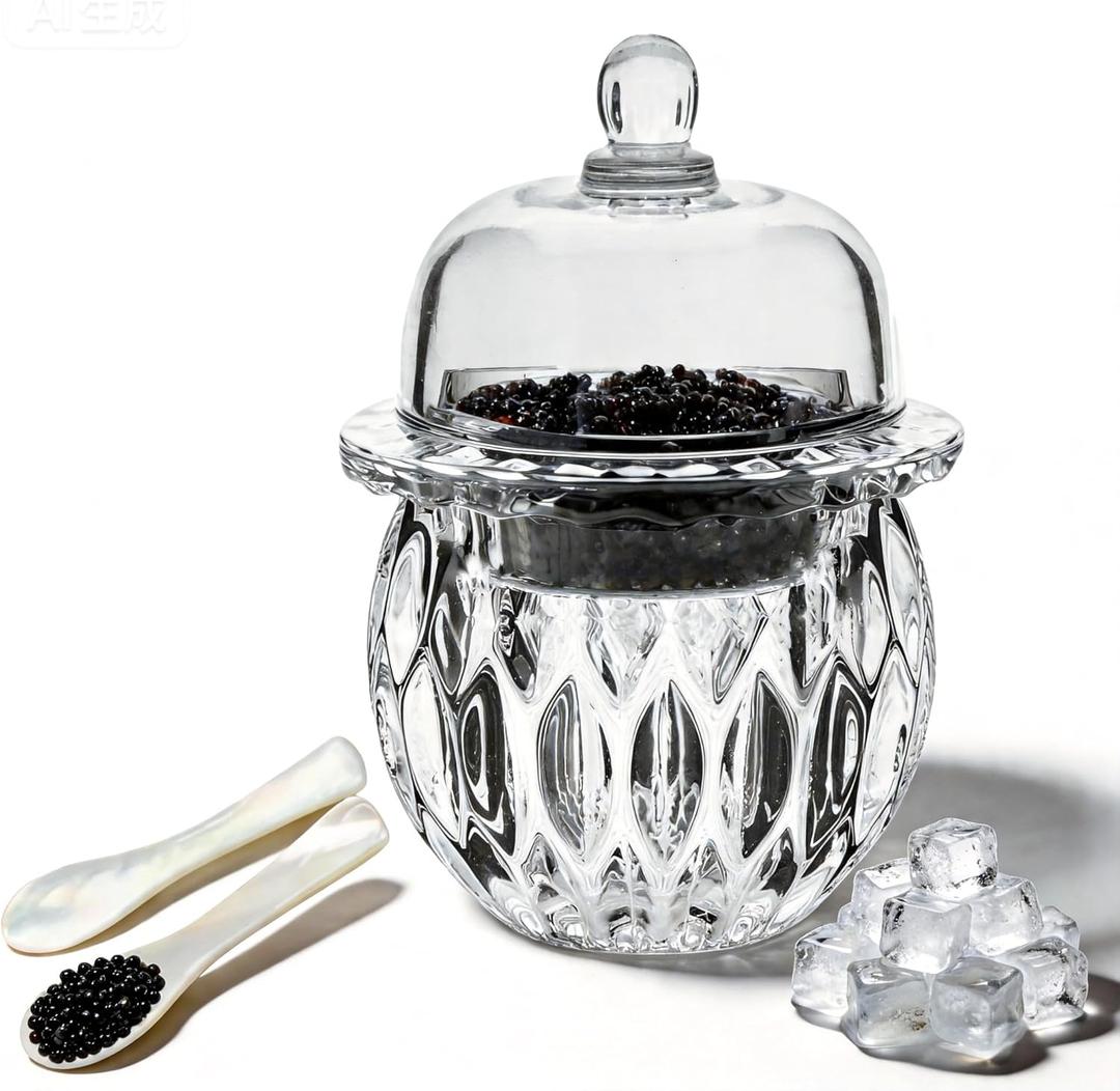 Caviar Server Set,Chilled bowl Glass Caviar Dish With Lids,ice bowls to keep food cold, Elegant Serving Tray for Caviar Shrimp and Party Appetizers dip bowl ice cream (Leaf-Large 5.1''x7.1'')