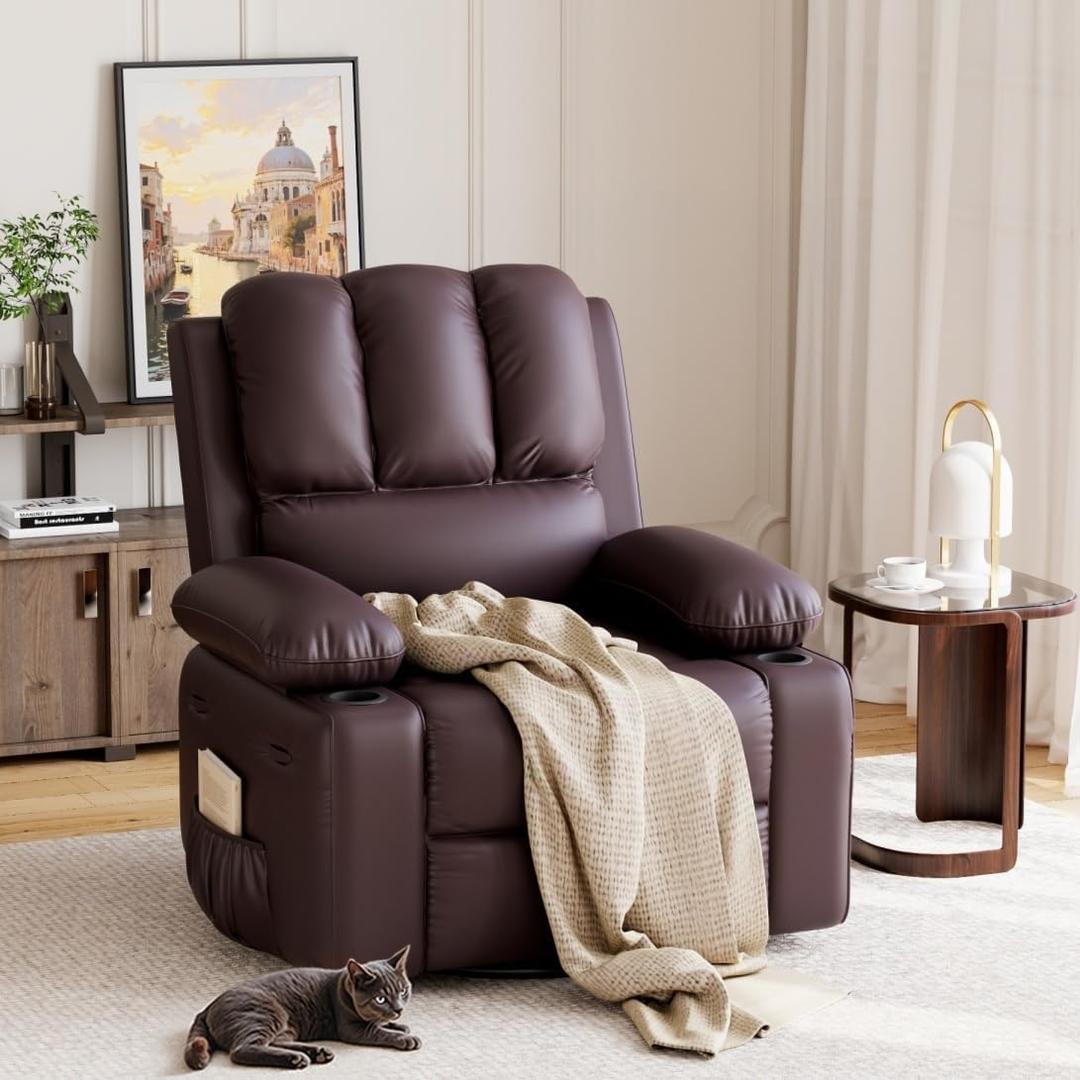 GarveeHome Oversized Recliner Chairs with Heat and Massage - 360 Swivel Lazy Recliner Chair for Adults- Manual Rocking Chair with Cup Holder for Living Rooms, Bedrooms and Nurseries - Brown (Large)