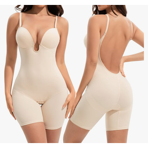 Decorus Women's Low Back Full Deep Plunge Strapless Bodysuit Mid Thigh Backless Shapewear Tummy Control Shaping Body Shaper Size L
