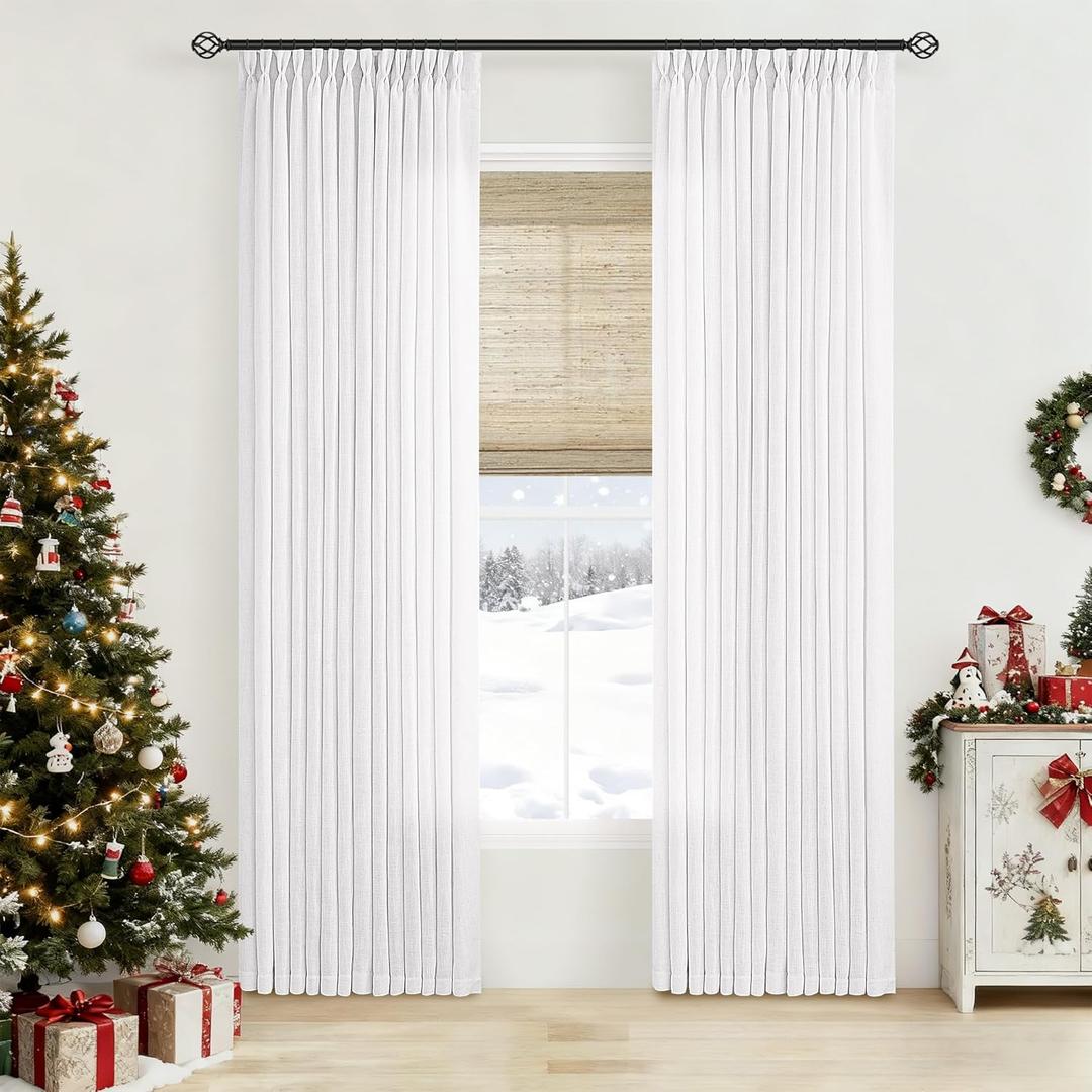 White Linen Pinch Pleated Curtains 84 Inches Long 2 Panels for Living Room Bedroom Snow White Textured Linen Pleated Hooks Rings Back Tab Elegant Luxury Light Filtering Curtain Drapes 84 Inch Length