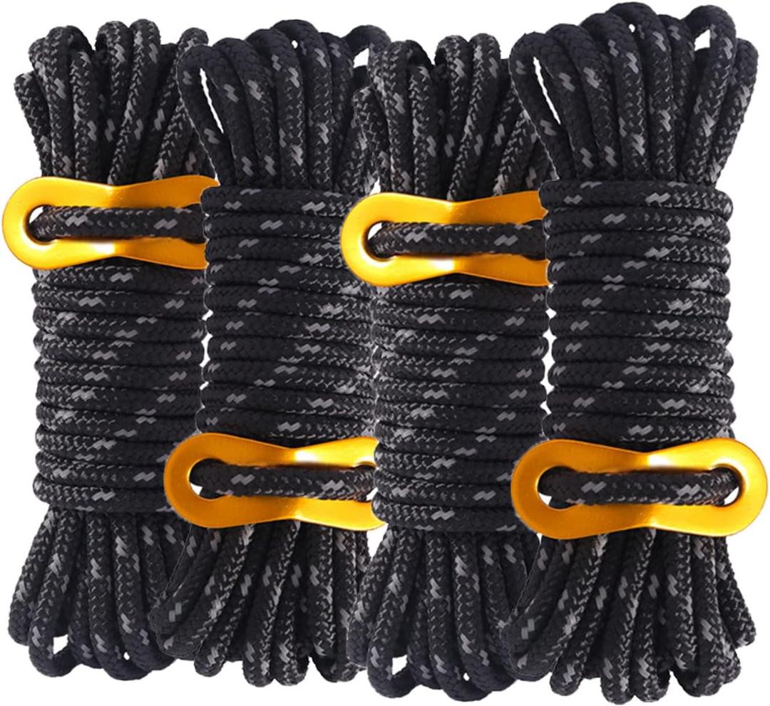 A Black rope Outdoor Guy Lines Tent Cords, AOPANDA with Aluminum Alloy Buckle for camping rope, Suitable for Camping, Outdoor Sports(4mm,13ft,4pack)