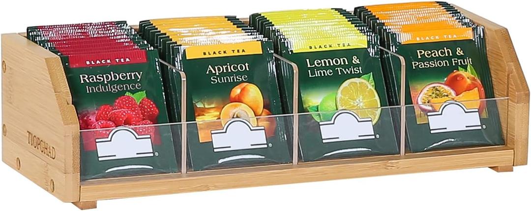 Small Bamboo Tea Bag Organizer Storage Holder for Tea Bags Wood Tea Box Containers Tea Rack Teabag Station Stand for Cabinet Countertop Office (1 Tier)