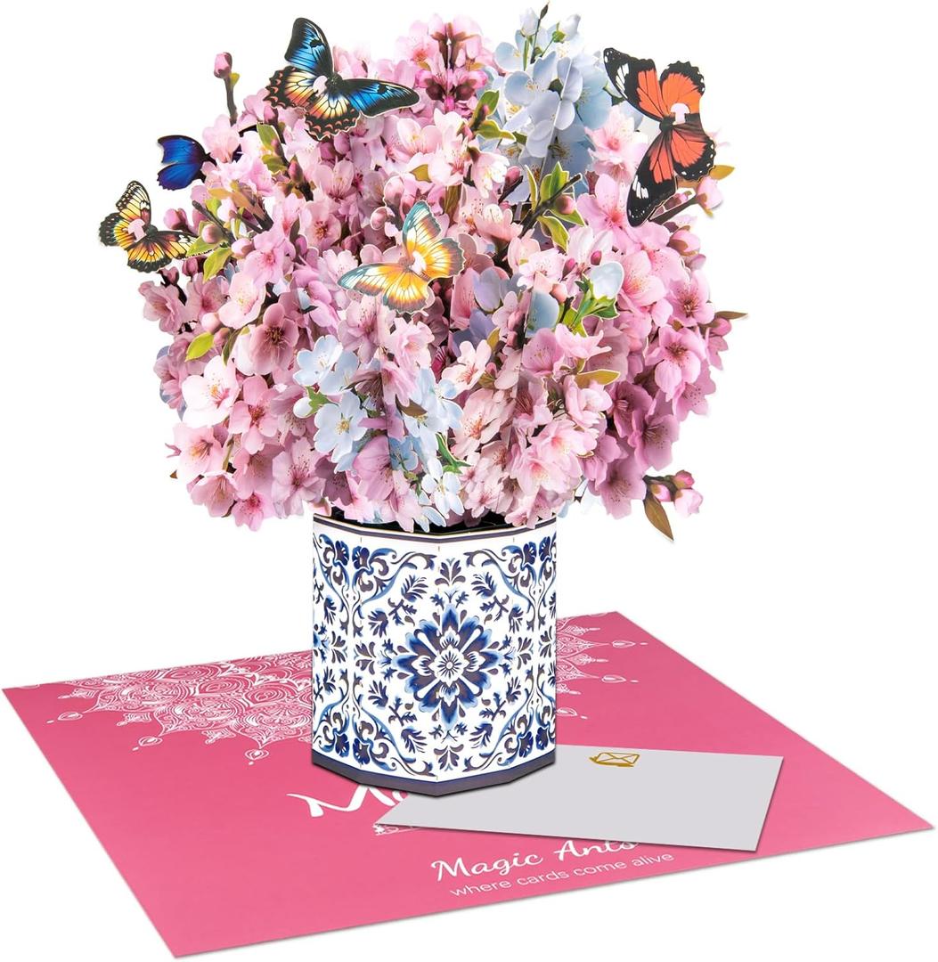 Cherry Blossom 3D Pop Up Card with Butterflies Floral Bouquet with Envelopes and Note Card for Birthdays Mothers Day Anniversary Valentines Day and Special Occasions for Mom Grandma Wife and Friend