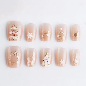Christmas Tree Gold Line Press on Nails Short Square Fake Nails with Bling Snowflake Designs Winter Reusable Nails Press ons Xmas Full Cover Glue on Nails for Women Holiday Nails 30Pcs