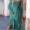 Dokotoo Boho Dresses for Women 2025 Casual Floral Square Neck Long Sleeve Smocked Elastic Waist Tiered Ruffle Hem Maxi Dress (Green)