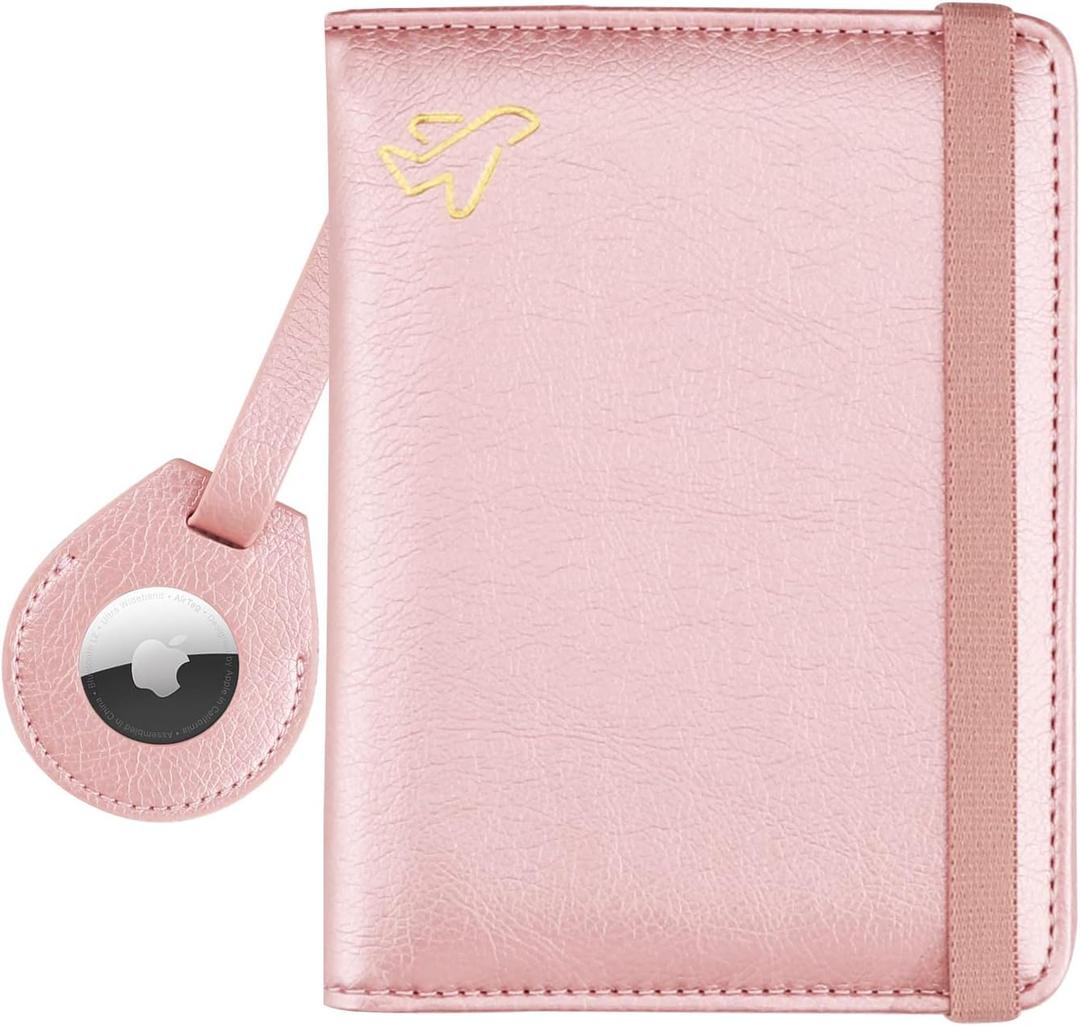 WALNEW AirTag Passport Holder, PU Leather Airtag Wallet RFID Blocking Passport Cover Travel Essentials Case for Women Men (Rosegold)