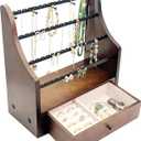 Earring Organizer Stand with Drawer & Necklace Holder - 4-Tier Solid Wood Jewelry Display, 64 Holes, 63 Grooves + Ring & Bracelet Space,Anti-Wobble for Vanity Dresser,Women Gift (Chocolate Brown)