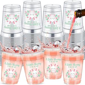 Meanplan 50 Pcs 12oz Spring Baby Shower Party Plastic Cups A Little Bunny Is on the Way Disposable Clear Cups for Baby Shower Gender Reveal Supplies Decorations(Pink Green)