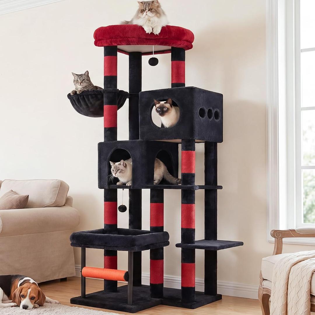 Hey-brother Cat Tree Tower with Stable L-Shaped Widen Base, Condo, MPJ086BR | 68.5 Inches Multi-Level Furniture with 2 Platforms, 11 Scratching Posts, Hammock and Toys Ball for Indoor Cats, Black and Red