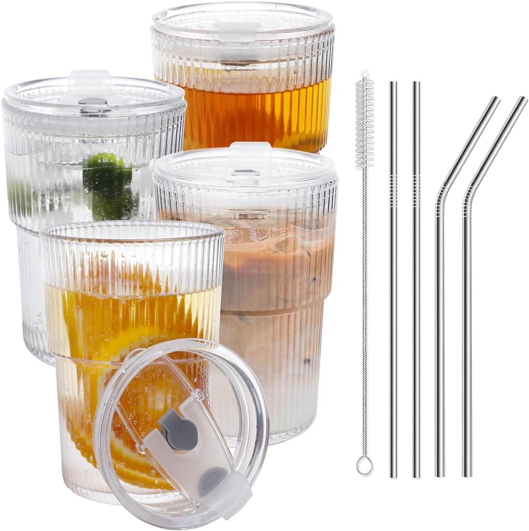 RÉΑLWÁY 16 OZ Iced Coffee Cups with Lids and Straws Set of 4, Unbreakable Plastic Drinking Glasses Reusable Iced Coffee Glass to Go Cup for Iced Tea, Juice, Water, BPA Free, Dishwasher Safe
