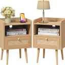Nightstand Rattan with Charging Station, Mid Century Modern Bed Side Table, Boho End Table with Wood Legs, Bedside Tables for Bedroom Living Room (2, Natural, 11.8" D x 15.9" W x 23.4" H (1 Drawers))