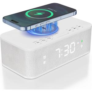 Digital Alarm Clock White Noise, Loud Digital Alarm Clocks Bedrooms, Alarm Clock Speaker Wireless Charger AUX USB Bluetooth Speaker 12/24H Dual Alarm Snooze Adjustable Brightness, White