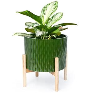 LaDoVita Ceramic Plant Pot with Stand, 10 Inch Planter with Wood Shelf, Modern Round Flower Pots Indoor with Wood Planter Holder, Dark Green Water Ripple Pattern