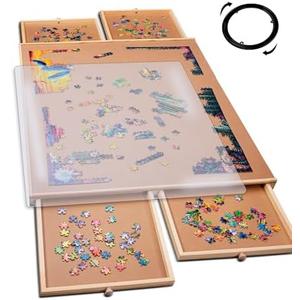 PlayVibe 1000 Piece Rotating Puzzle Board with Drawers and Cover - Jigsaw Puzzle Table with Cover & 4 Compartments - 22” x 30 Portable Wooden Lazy Susan and Spinning Accessory