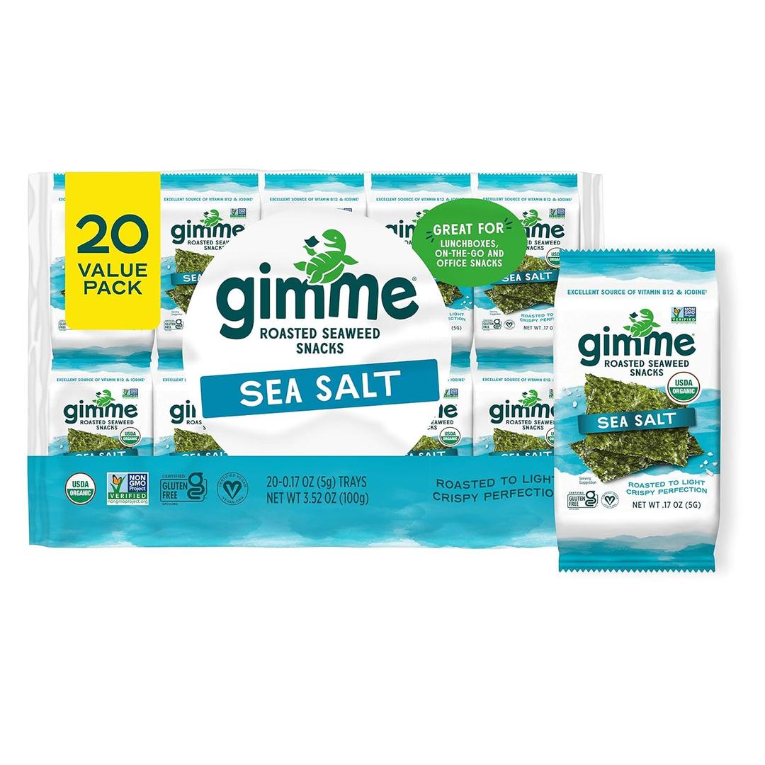Gimme Seaweed Organic Premium Roasted Seaweed Snacks, Sea Salt, 20 Count, Keto, Vegan, Gluten-Free, Great Source of Omega3s and Iodine, Healthy On-The-Go Snack for Kids and Adults, BB 10/14/2025
