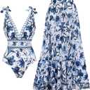 FLAXMAKER Blue and White V Neck Lace Up Strip Plant Prints One Piece Swimsuit and Skirt/ Sarong(Swimsuit and Skirt, Blue, L)