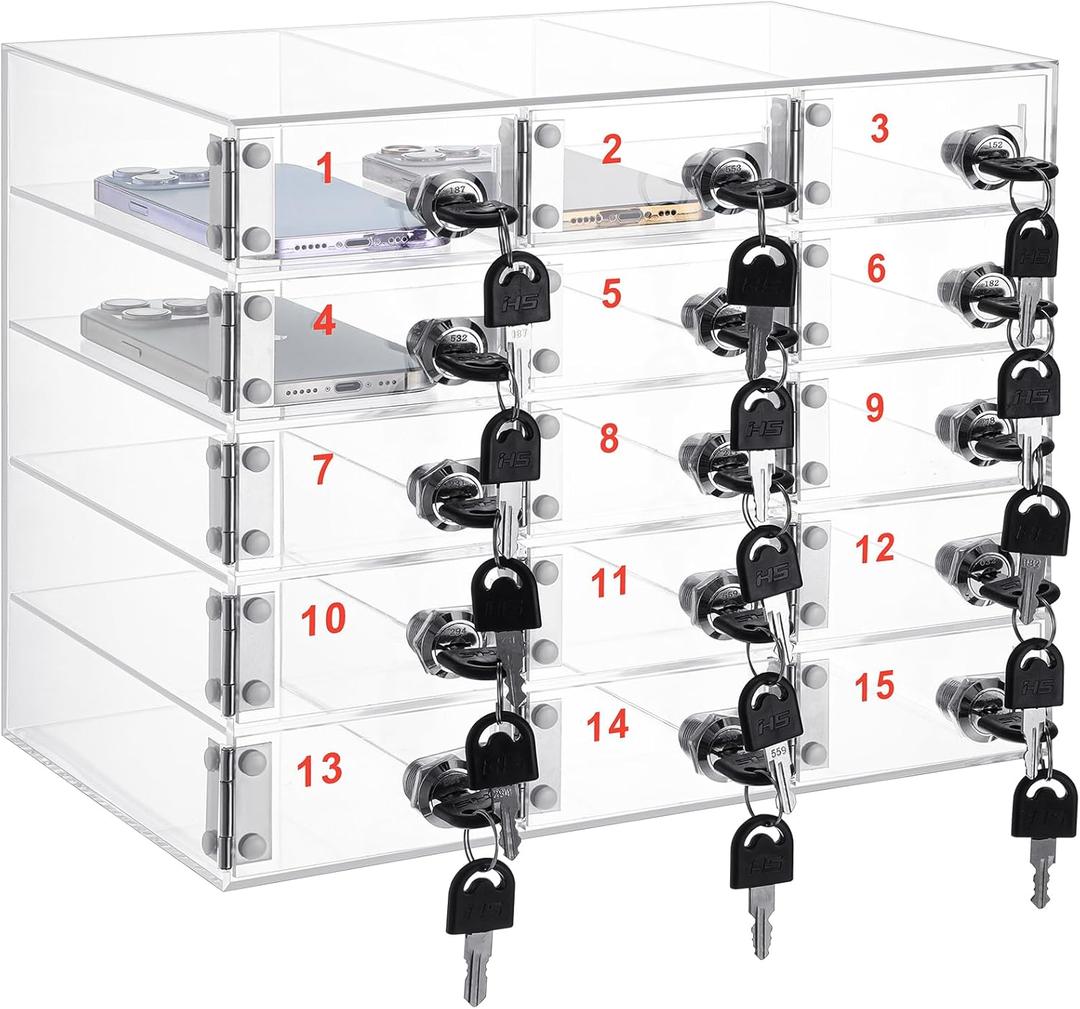 Layhit 15 Slots Cell Phone Locker Box for Classroom Clear Acrylic Cell Phone Storage Cabinet Bin with Door Locks for Classroom School Students Office Factory Employees